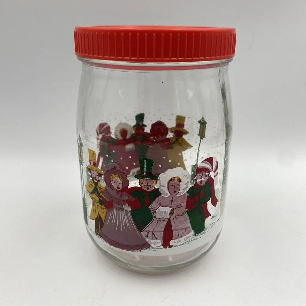 Vtg VMC REIMS Victorian Carolers Christmas Jar  Red Screw Top Lid Made in France